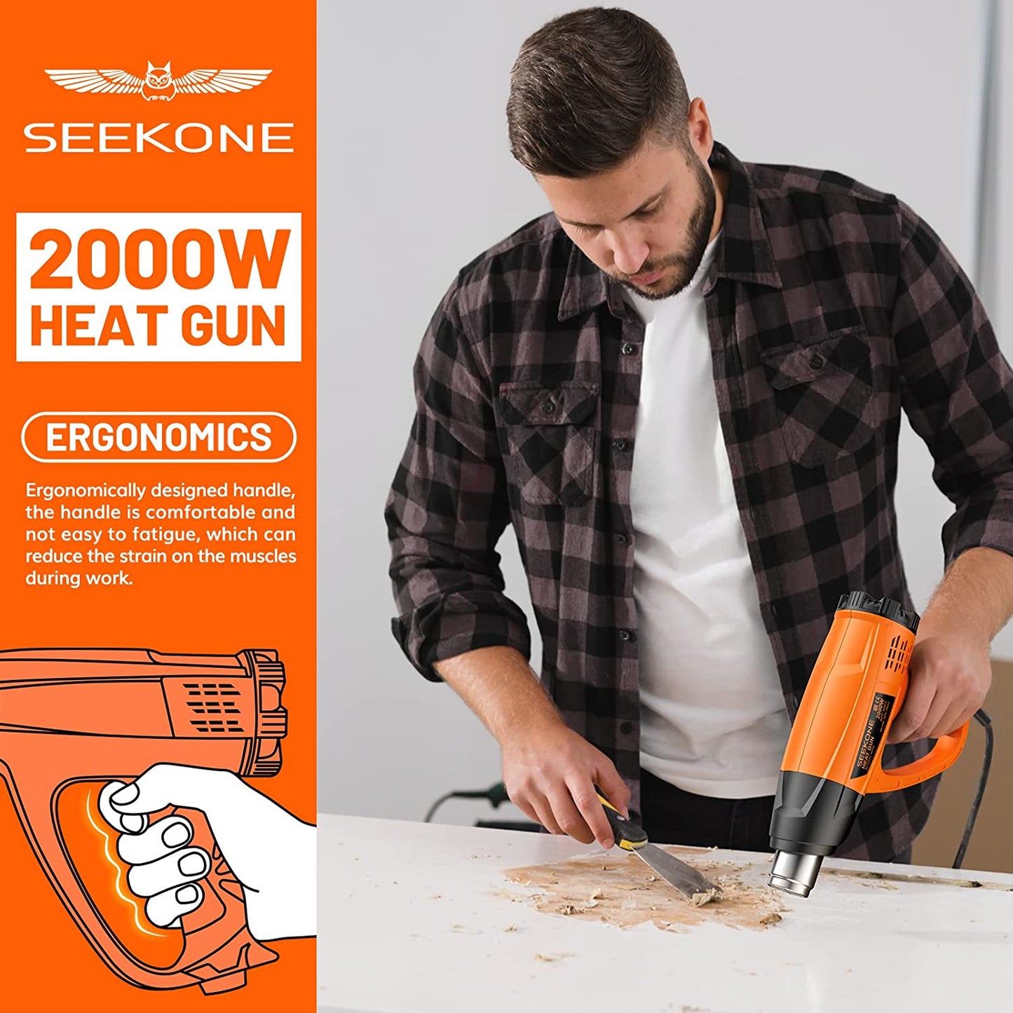 2000W Heat Gun, Hot Air Gun Kit Variable Temperature 60℃- 600℃ with 2-Temp Settings 7 Accessories Ceramic Heating Core Double Heating Wire Overload Protection for Removing Paint, Shrinking PVC