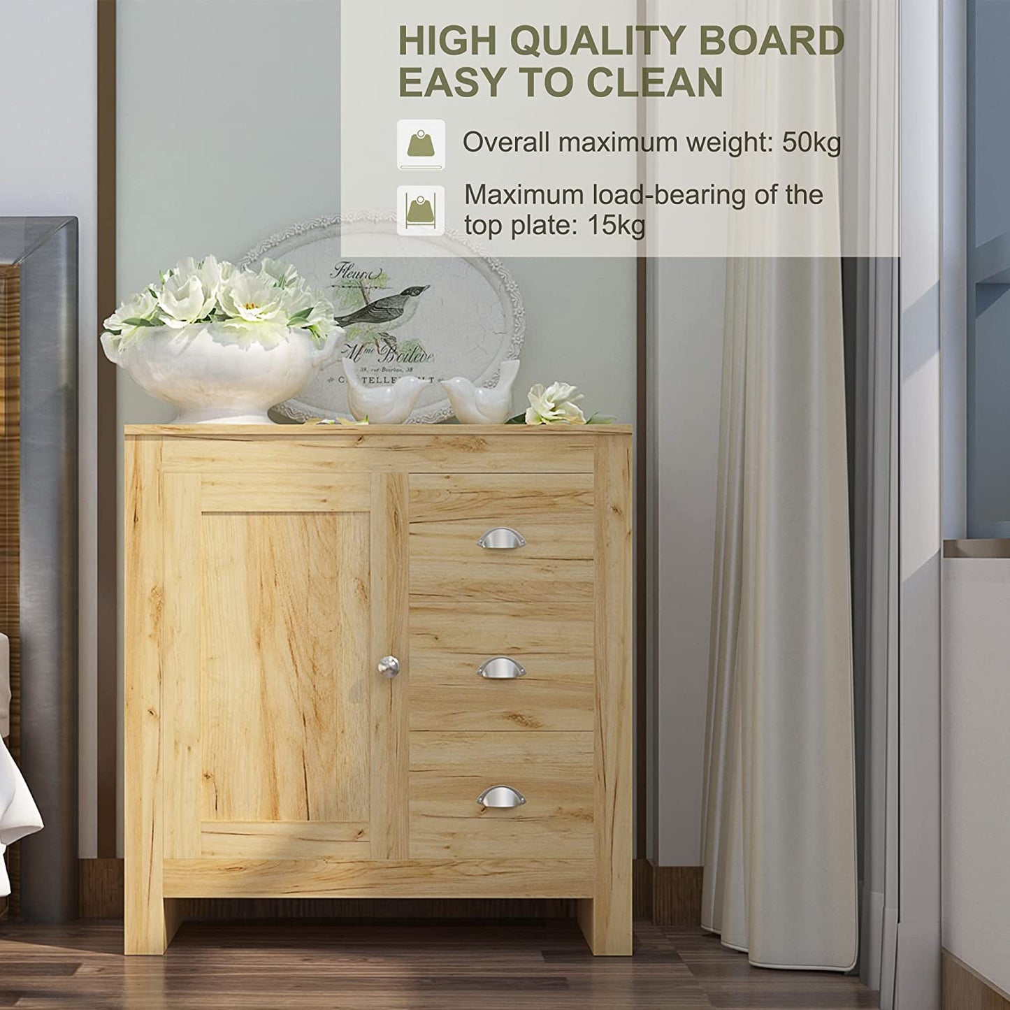 Sideboard Buffet Table with 3 Drawers 1 Door Storage Cabinet for Living Room Hallway Kitchen Sideboard Cupboard for Dining Room Narrow Sideboard Cabinet, 79X35X81Cm (Light Oak)