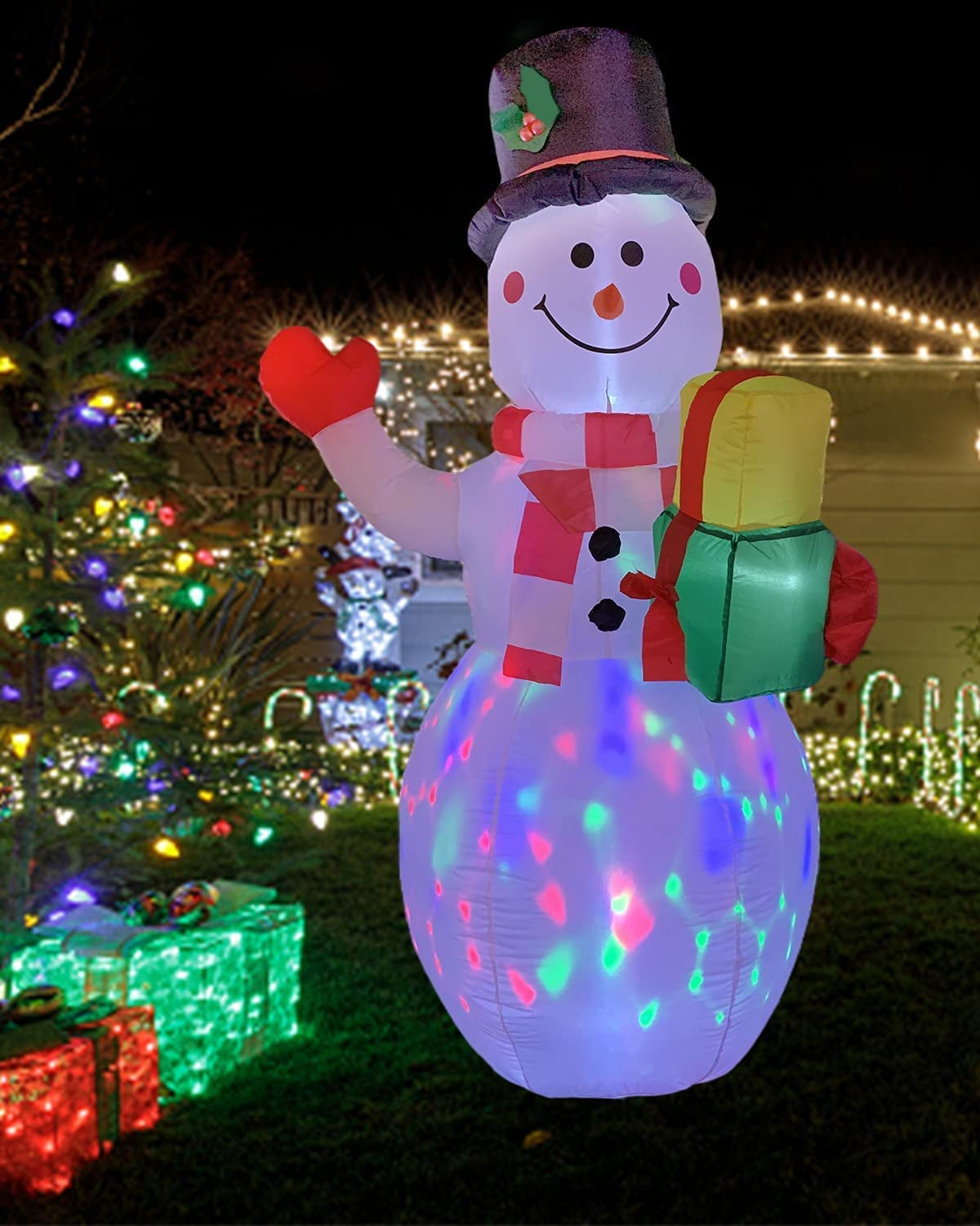5 FT Christmas Inflatables Snowman Outdoor Yard Decorations, Christmas Blow up Snow Man with Hat Colorful LED Lights, Winter Decor for Holiday Patio Lawn, Xmas Kids Gift 150Cm