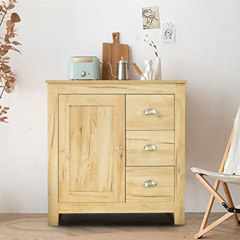 Sideboard Buffet Table with 3 Drawers 1 Door Storage Cabinet for Living Room Hallway Kitchen Sideboard Cupboard for Dining Room Narrow Sideboard Cabinet, 79X35X81Cm (Light Oak)