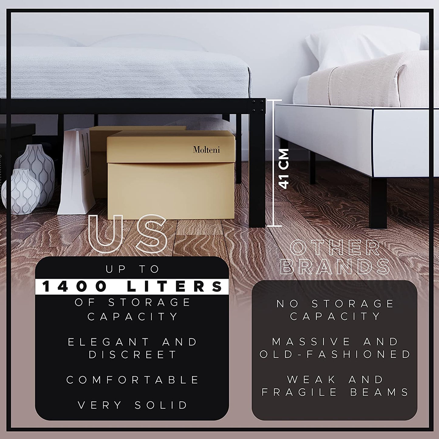 Metal Base for Bed - for Mattress 135X200 Cm - for Double Beds or Mattresses - Sturdy, Easy Assembly, Large Storage Area - Black Bed Frame
