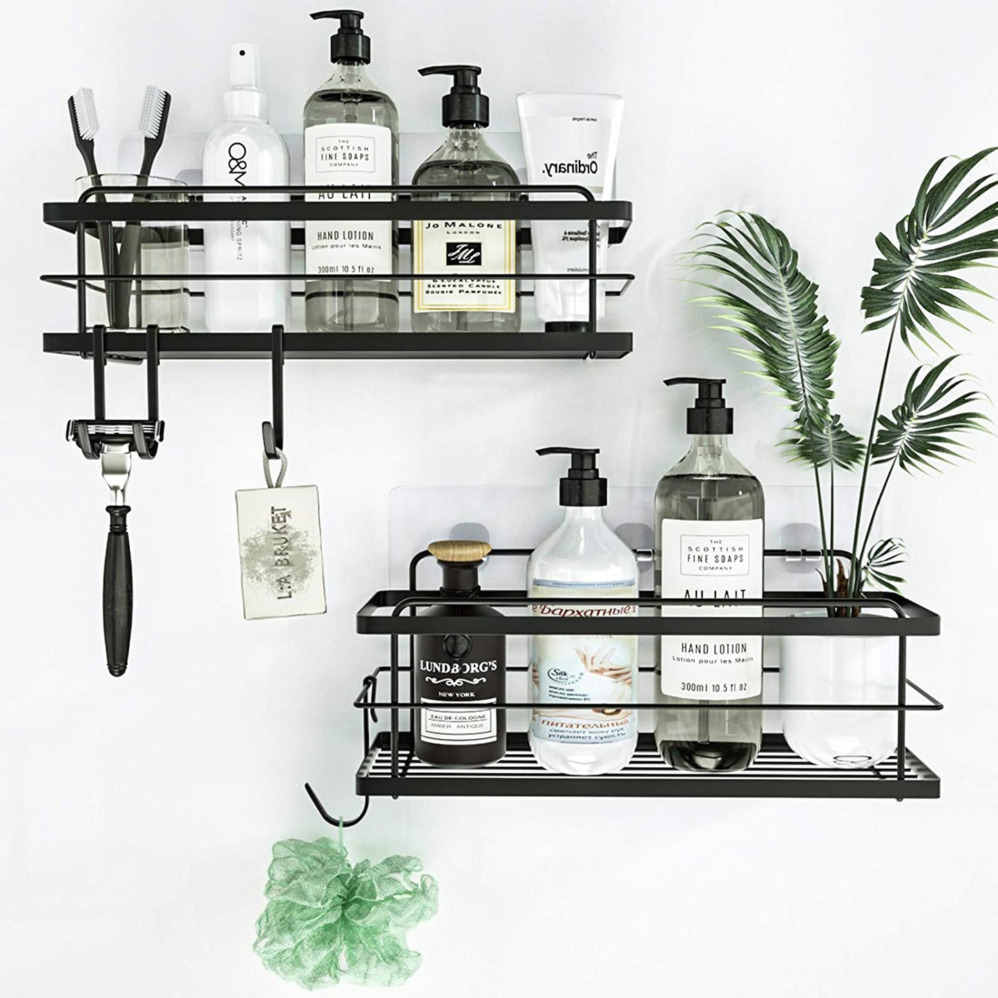 Shower Caddy Basket Shelf Pack of 2 - Adhesive Drill-Free Home Kitchen or Bathroom Organiser - Black Shower Storage Shelves - Bath Tray W/ Hooks for Accessories