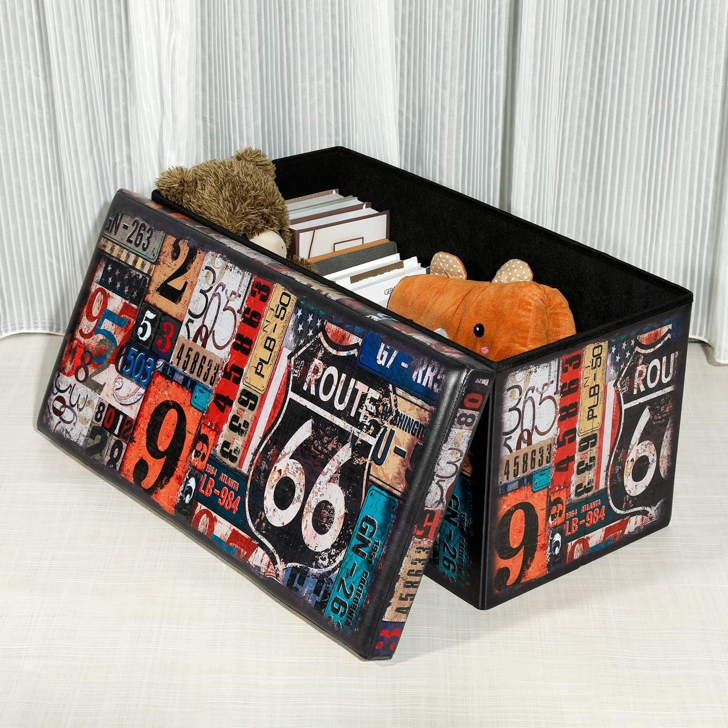 Folding Storage Footstool Ottoman Bench for Living Room Organiser,Colorful Faux Leather Collapsible Large Kids Toy Box with Lids,76X38X38Cm