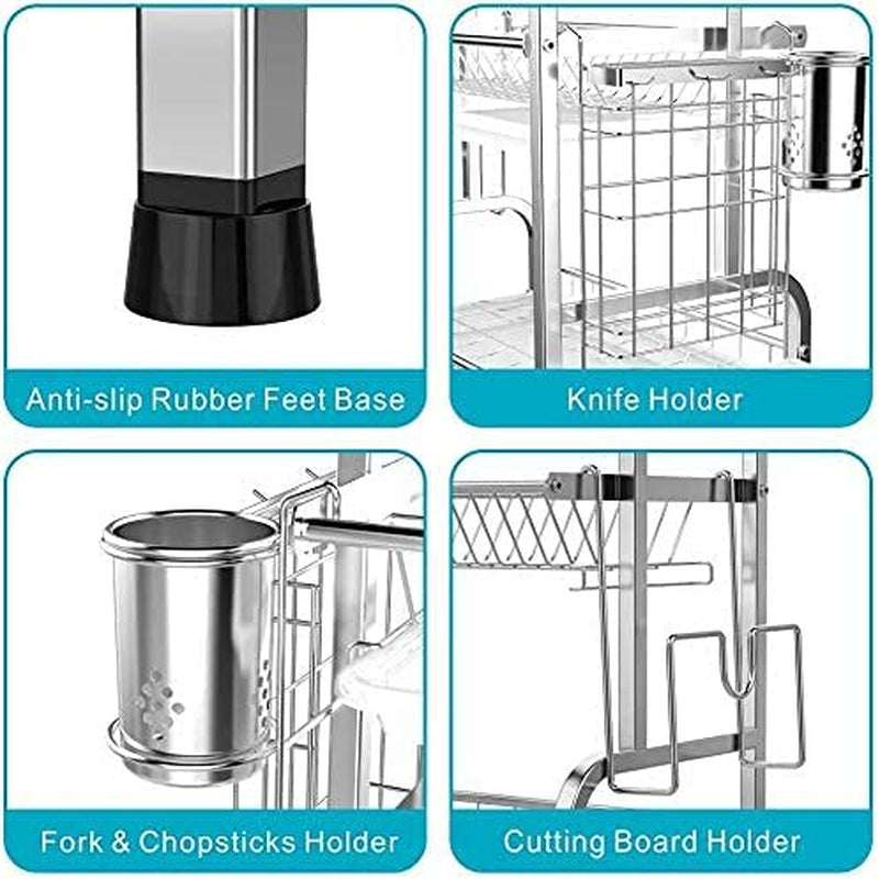 304 Stainless Steel Dish Drainer Rack, 2 Tier Dish Drying Rack for Kitchen Counter, Rust Proof Dish Drainers with Drip Tray, Dish Rack with Swivel Drainage Spout