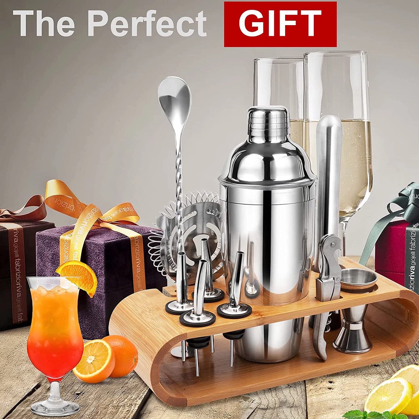 Cocktail Making Set, Cocktail Shaker Set 750Ml Stainless Steel Bar Tool Set Bartender Kit with Display Stand