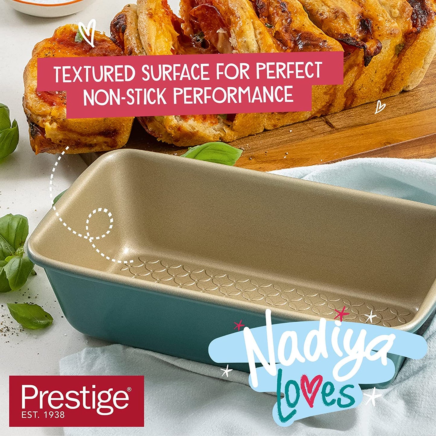 Prestige X Nadiya 9 Inch Loaf Tin - Non Stick Loaf Tins for Baking 23Cm X 13Cm, Dishwasher Safe Lightweight Steel Bakeware, Teal & Gold