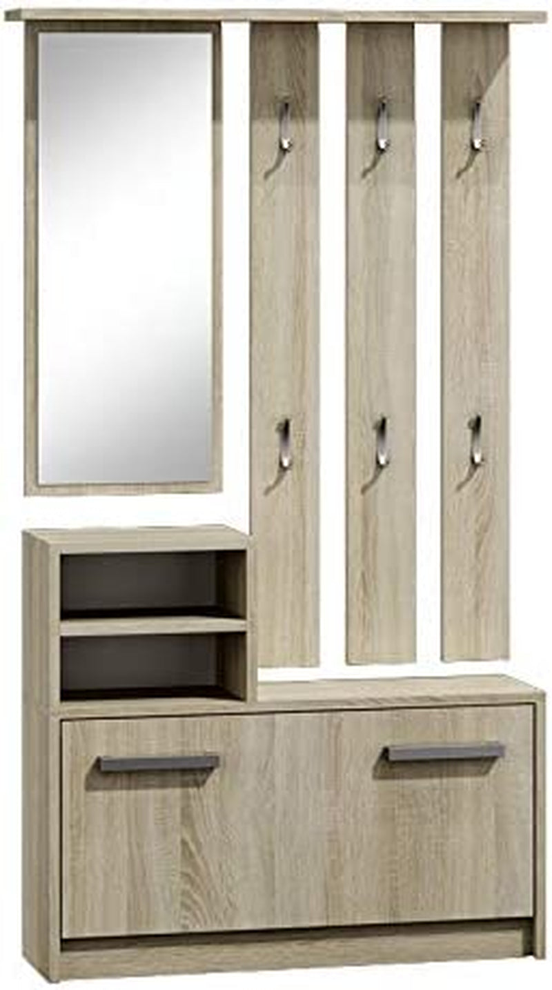 Julie Hall Tree with Shoe Cabinet, Wall Panel, Shelf & Mirror, Matte Sonoma Oak