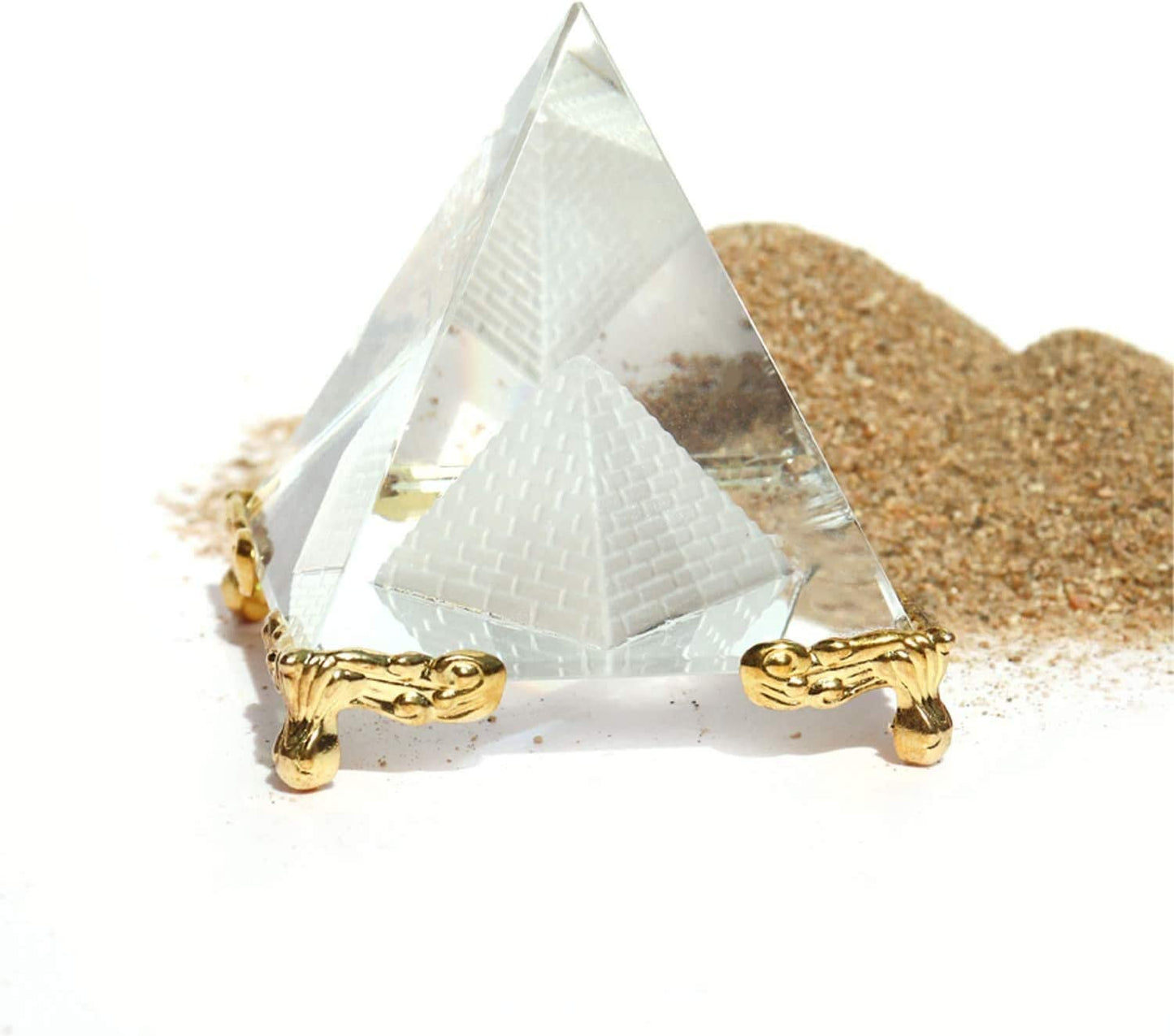 Crystal Pyramid Prism, Feng Shui Crafts Meditation Crystal with Gold Stand for Home Office Art Decor, Pyramids Gift, Stand for Prosperity, Positive Energy and Good Luck(8Cm)