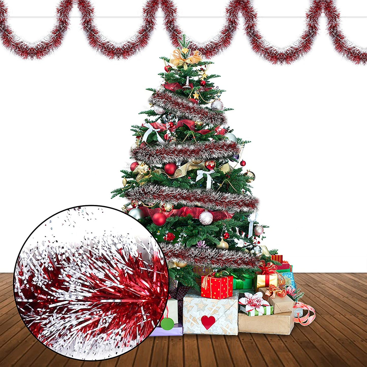 Christmas Tinsel Tree Decorations (3 Pack) - 2M (193 Cm Approx) Thick Red Christmas Tinsel Garland for Christmas, New Years Eve Party, Indoor and Outdoor Decorations - Xmas Decorations