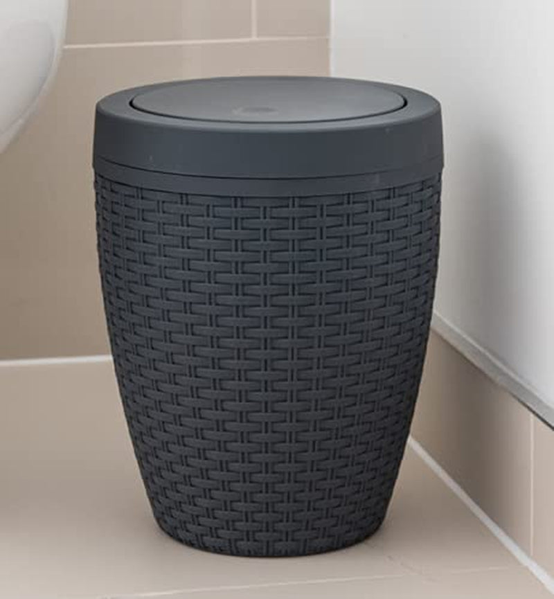 Faux Rattan round Swing Lid Bathroom Bin, Charcoal, 517488