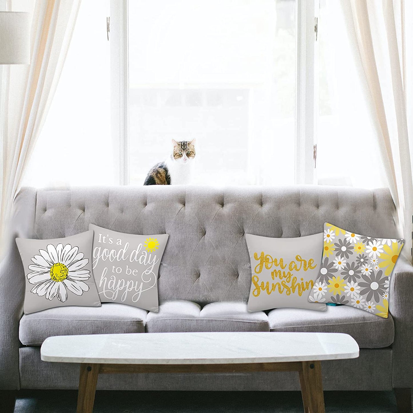 Floral Yellow and Grey Cushion Covers for Sofa, Double Sided Letter-Printed Throw Pillow Covers, Pack of 4 Square Daisy Pillowcase for Living Room & Bedroom 40 Cm X 40 Cm(16 X 16 Inch)