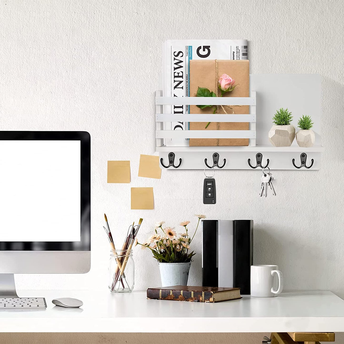 Wall Mount Entryway Key Holder Hooks,Wood Key Holder Organizer,Wall Mounted Mail Holder,Mail Envelope Organizer, Letter Sorter, Newspaper Storage, Ornament Home Decorative Floating Shelf (White)