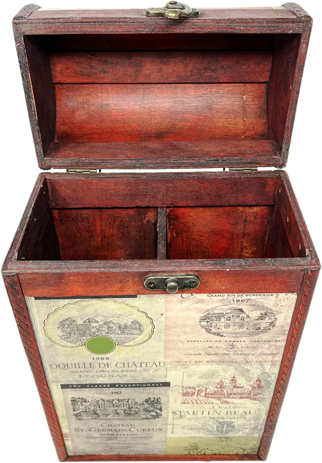 Wooden Wine Gift Box 2 Bottle Carrier Vintage Leather Storage Holder Carrying Case with Handle Champagne Whisky Metal Latch Closure
