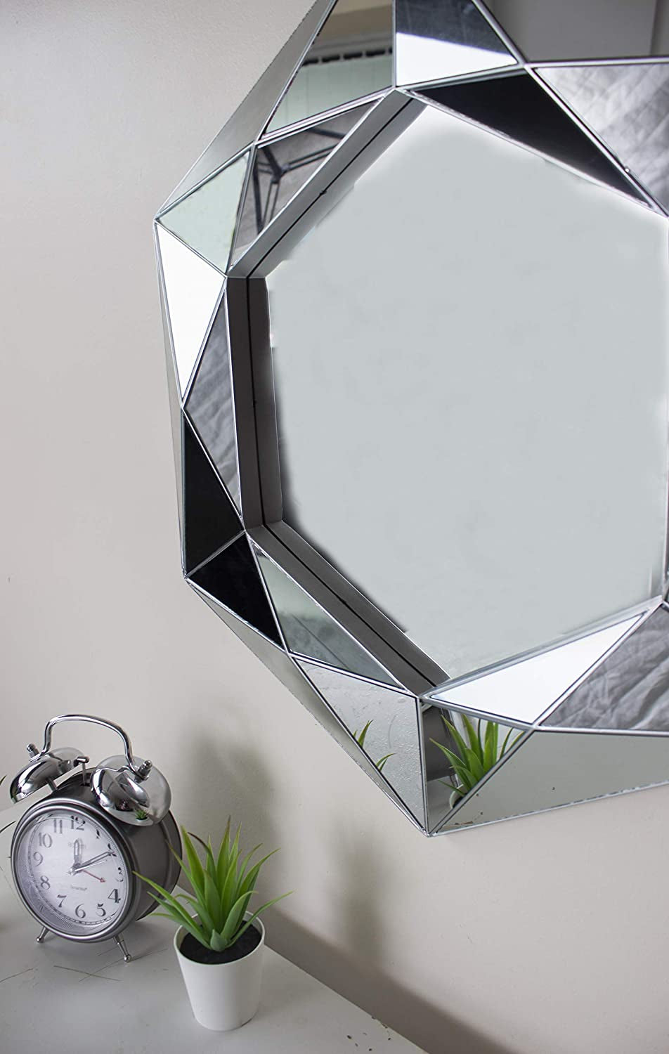 ® Large Bevelled Silver Wall Mirror Wall Mounted Home Decor Living Accessories Decorative Modern Sunburst Jewel Hallway Bedroom Bathroom Circular Mirrors Faceted round Mirror