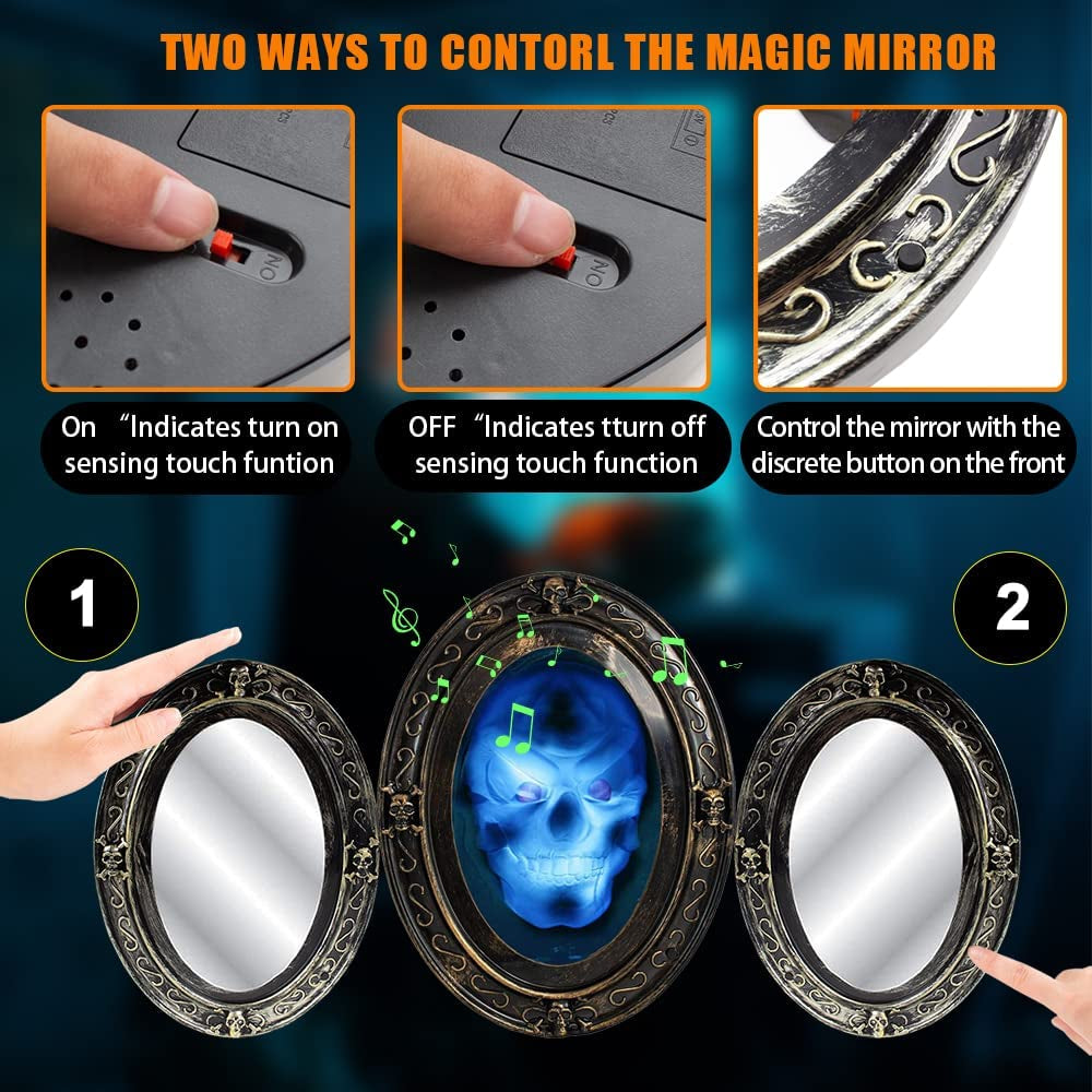 Halloween Haunted Mirror, Speaking Halloween Mirror Decoration, Scary Spooky Face Halloween Horror Skull Horrible Mirror with Motion Sensor, Light, Creepy Sound, Indoor Halloween Party Prop