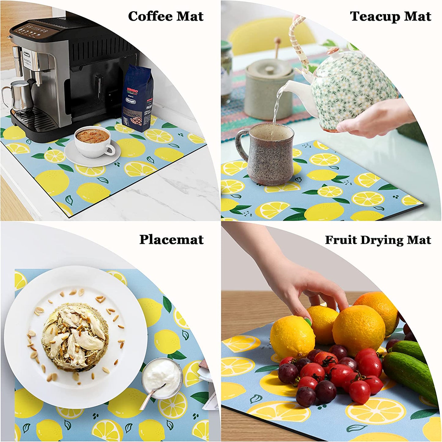 All-Purpose Dish Drying Mat Absorbent 46×42 Cm, PU Leather Kitchen Drying Mat, Draining Board Mats, Placemats Bar Mats Sink Mat for Kitchen Counter, Coffee Machines and Tables (Fresh Lemon)