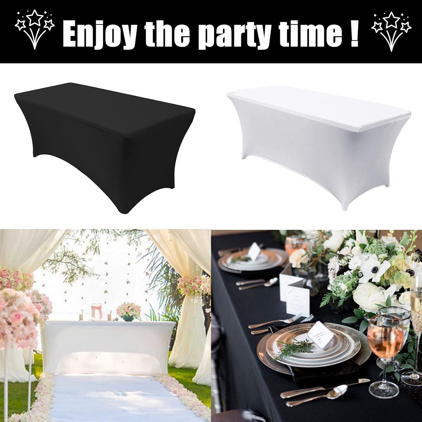 Stretchable Tablecloths 6Ft for Rectangle Tables with Open Back, Fitted Spandex Rectangular Patio Table Covers, Wedding, Party, Kitchen, Beauty Event Decoration-Black
