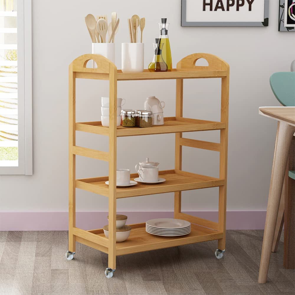 Bamboo Kitchen Serving Trolley Cart 4 Tier Kitchen Storage Rack Serving Trolley on Wheels Restaurant Storage, KS-ZC07-BH