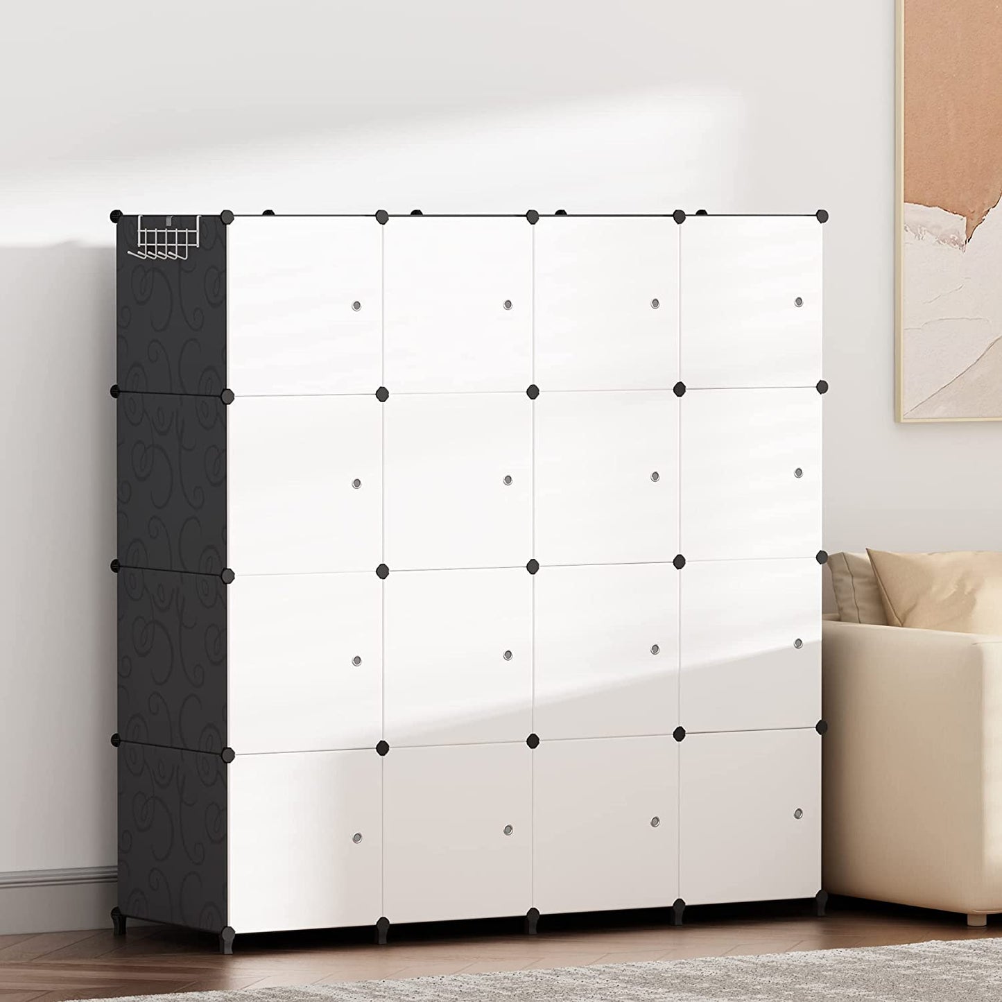 Portable Wardrobe for Bedroom Ideal Storage Organizer Cube Foldable Closet with Clothes Hanging Rails, Combination Armoire Modular Cabinet for Space Saving,White and Black(16-Cube)