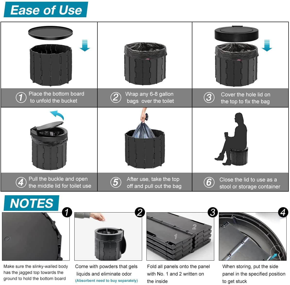 Portable Folding Toilet Travel Toilet Camping Toilet Porta Potty Car Toilet Bucket Toilet Portable Toilet for Camping/Boat/Hiking/Long Trips/Beach(Black)