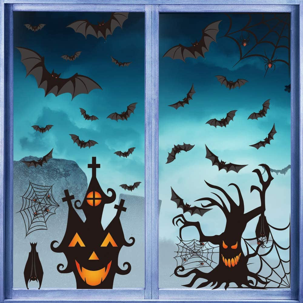 Halloween Window Clings Stickers, 7Sheet Halloween Bats Spiders Window Cling Sticker Decal for Halloween Window Decoration