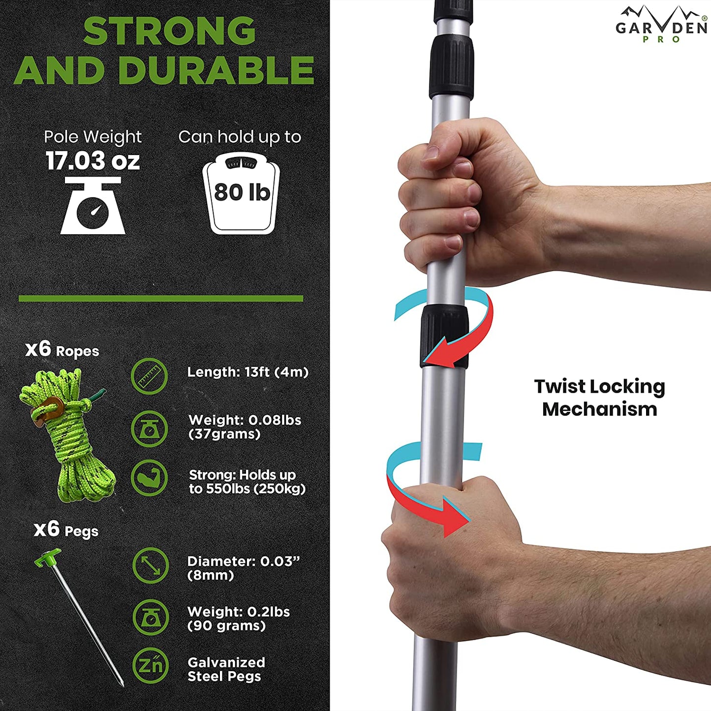 Set of 4 Telescoping Tarp Poles | Replacement Canopy Adjustable Aluminum Rods, Portable & Lightweight for Tent Fly, Awning, Outdoor Camping, Hiking, Backpacking & Rainfly + 6 Pegs & 6 Reflective Ropes