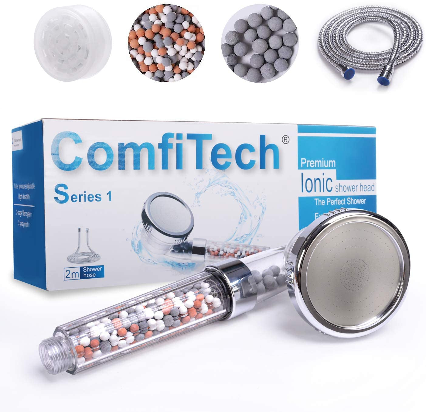 Shower Head, Ionic Shower Head with 2M Shower Hose, Filter Shower Head for Hard Water to Increase Pressure 3 Modes Spray Function Contains Extra Replaceable Filter Beads