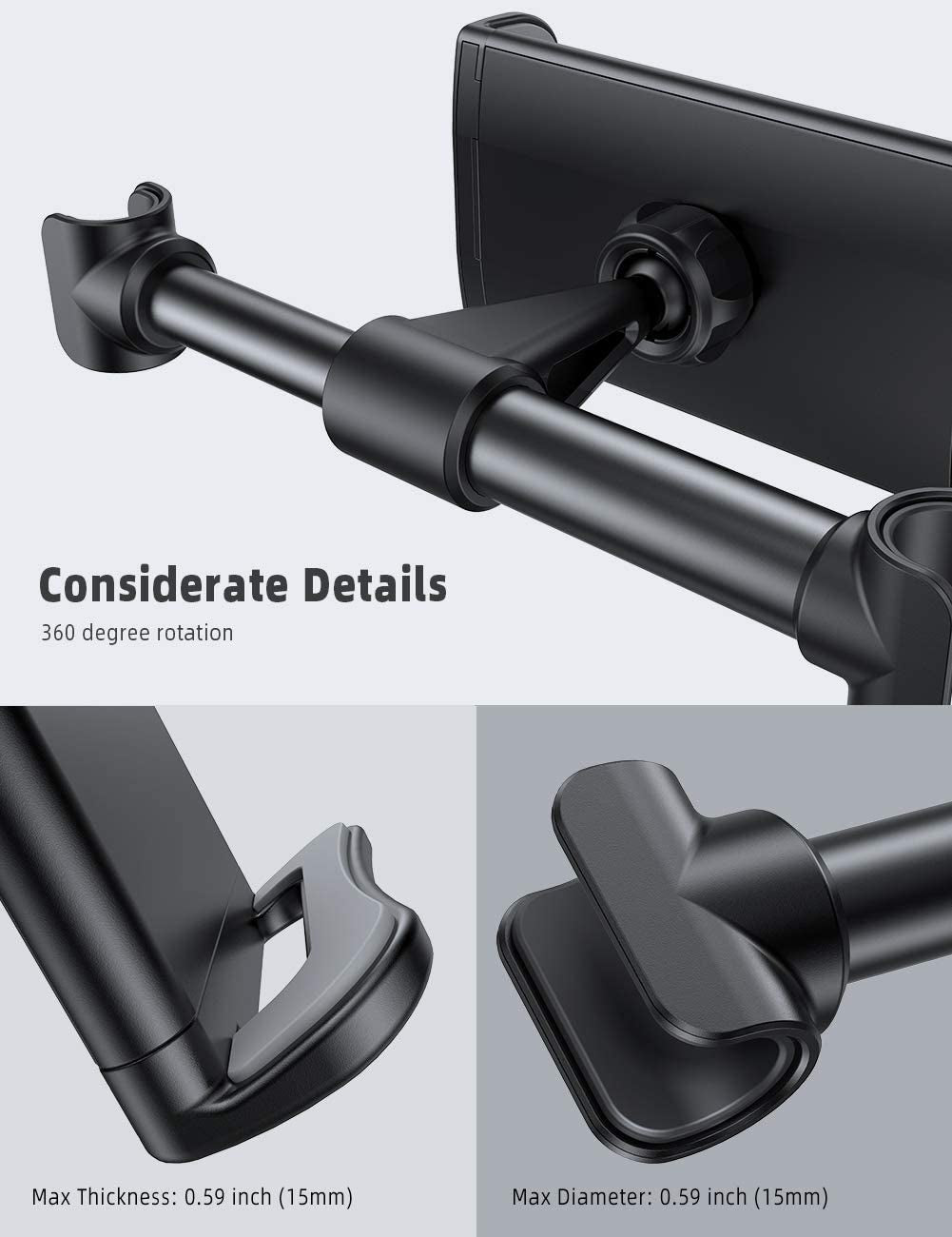 Car Tablet Holder, Car Headrest Mount - Universal 360 Rotating Car Seat Stand Cradle for All 4.4~11" Tablets, Ipad Pro 9.7, 10.5, Ipad Air Mini 2 3 4 5 6, Iphone, Switch, Tab - Black