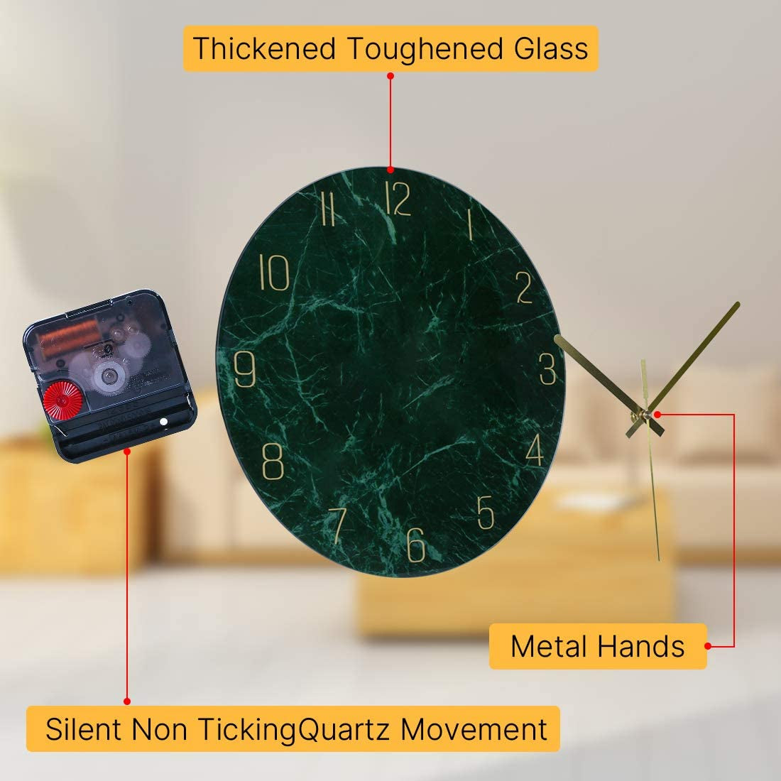 Glass Wall Clock Silent Non Ticking Wall Clocks- 12 Inch Quality Quartz Battery Operated round Easy to Read Home/Office/Classroom/School Clock (Dark Green)