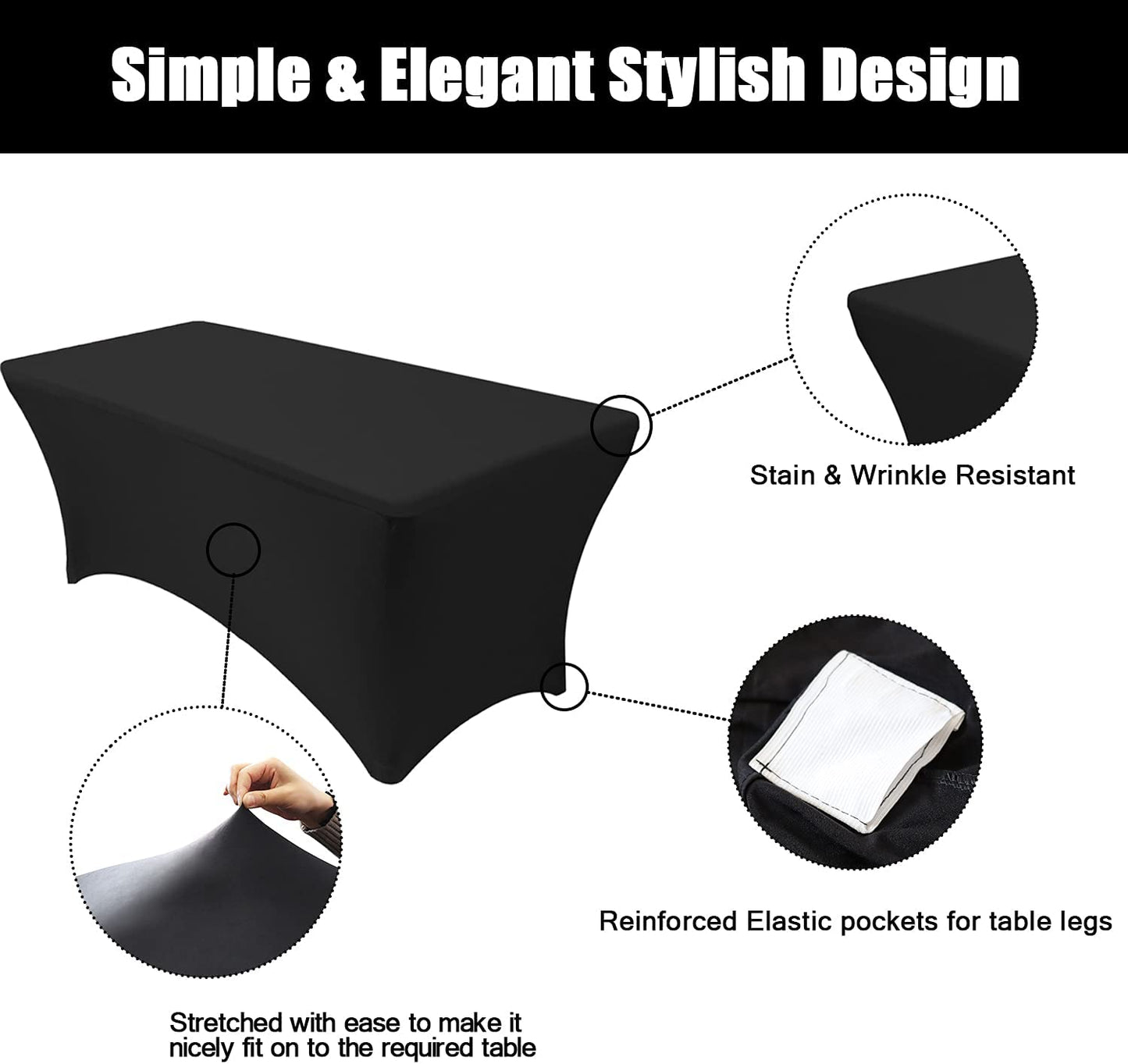 Stretchable Tablecloths 6Ft for Rectangle Tables with Open Back, Fitted Spandex Rectangular Patio Table Covers, Wedding, Party, Kitchen, Beauty Event Decoration-Black