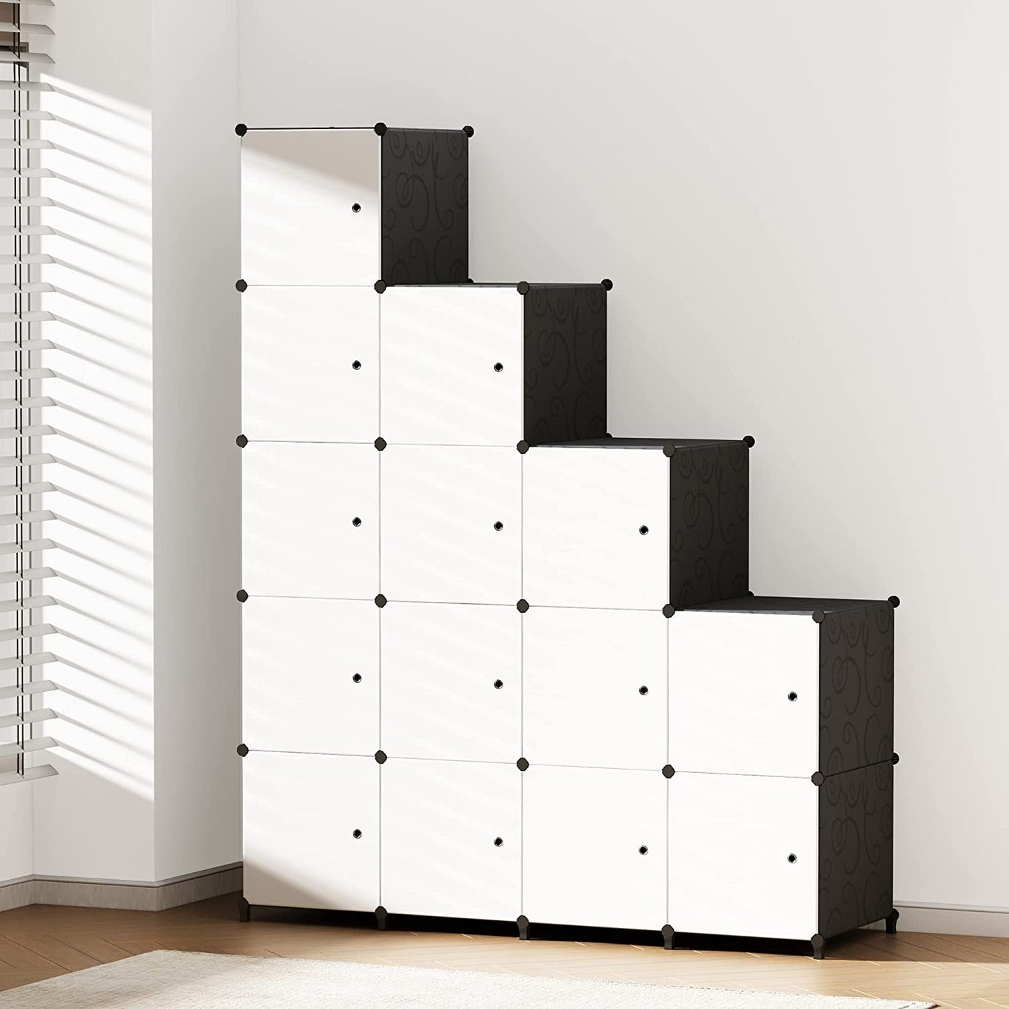Portable Wardrobe for Bedroom Ideal Storage Organizer Cube Foldable Closet with Clothes Hanging Rails, Combination Armoire Modular Cabinet for Space Saving,White and Black(16-Cube)
