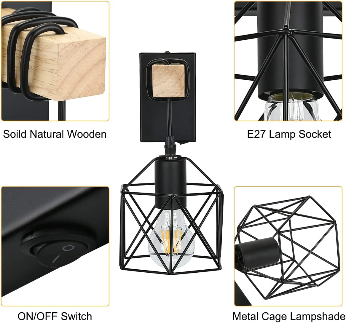 Industrial Wall Lights Indoor with Switch, Vintage Wooden Wall Lamp, E27 Black Cage Wall Lights, Wall Sconces Indoor for Farmhouse, Living Room, Bedroom, Hallway, Stairwell, Bar (2 Pack)