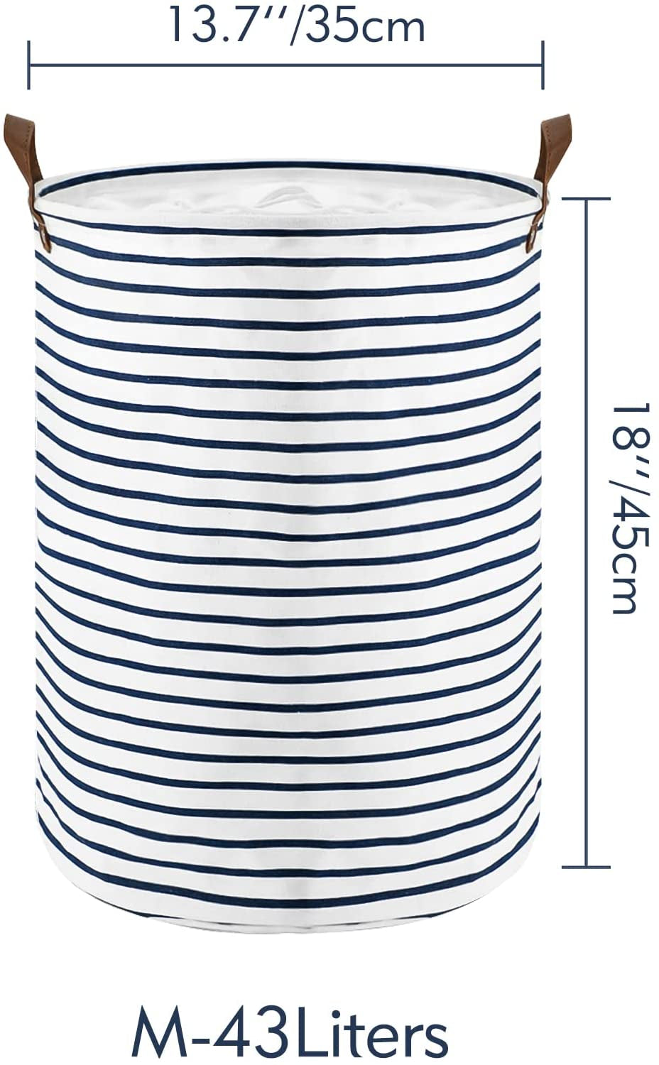 18-Inches Freestanding Laundry Basket with Lid, Collapsible Large Drawstring Clothes Hamper Storage with Leather Handle (Blue Stripe, M)