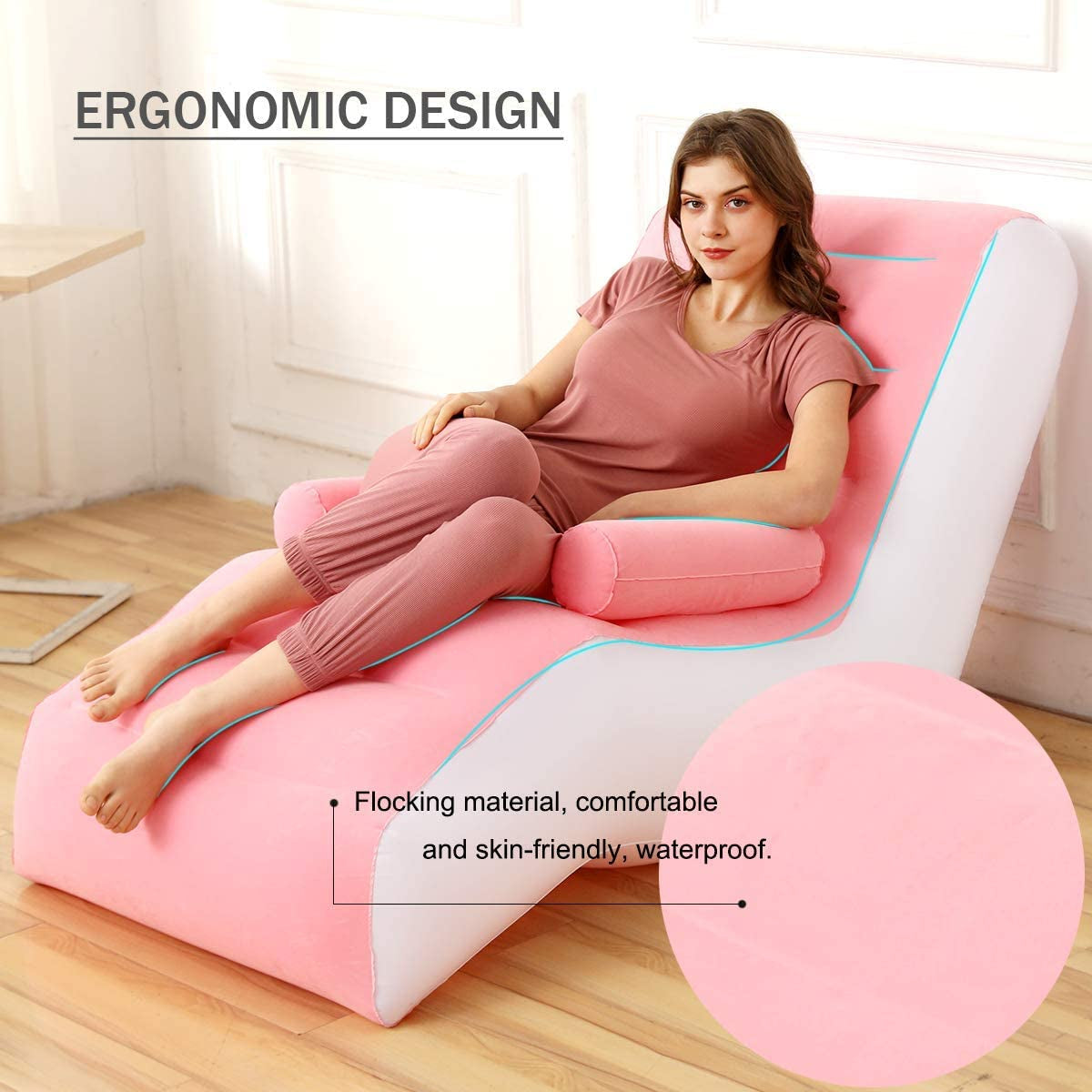 Inflatable Chaise Lounges Folding Lazy Floor Chair Sofa Lounger Bed with Armrests, Send Manual Air Pump (Pink)
