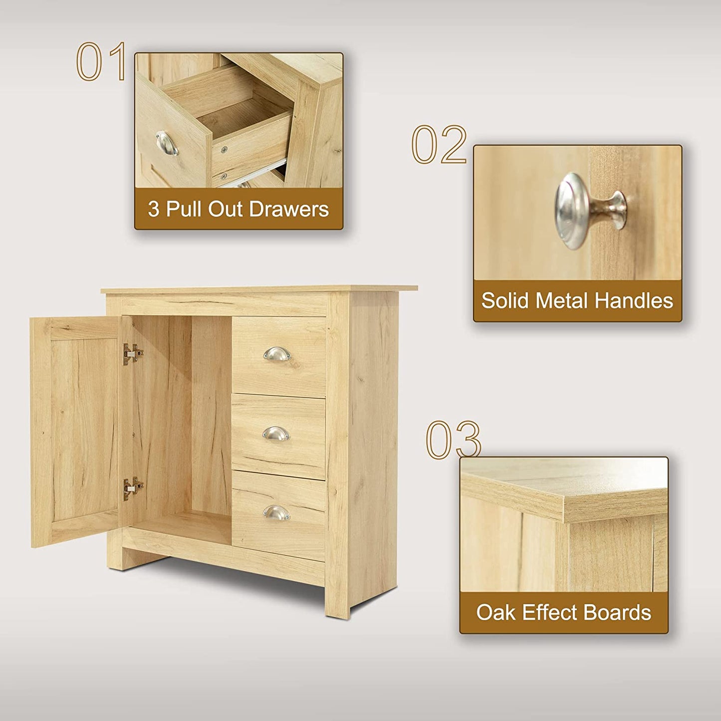 Sideboard Buffet Table with 3 Drawers 1 Door Storage Cabinet for Living Room Hallway Kitchen Sideboard Cupboard for Dining Room Narrow Sideboard Cabinet, 79X35X81Cm (Light Oak)