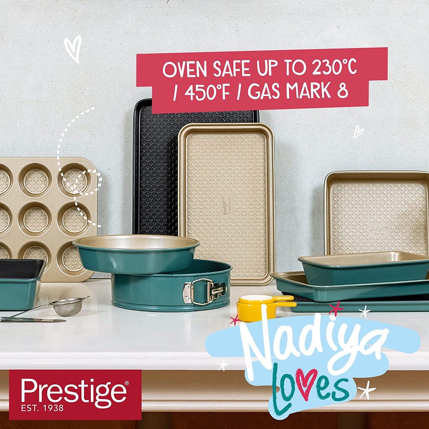 Prestige X Nadiya 9 Inch Loaf Tin - Non Stick Loaf Tins for Baking 23Cm X 13Cm, Dishwasher Safe Lightweight Steel Bakeware, Teal & Gold