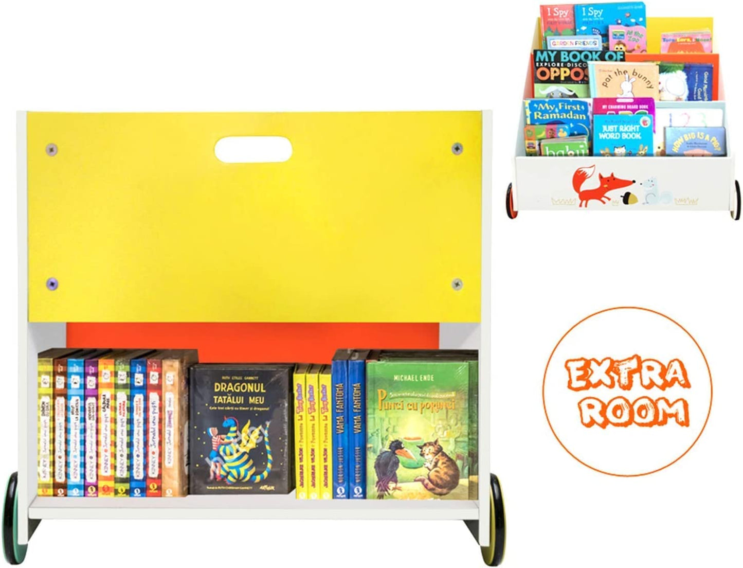 2-In1 Well Bookcase on Wheels for Toddler Toy Storage Unit Wooden Toy Box Creative Bookcase with Cute Animal Patterns Orange Fox’