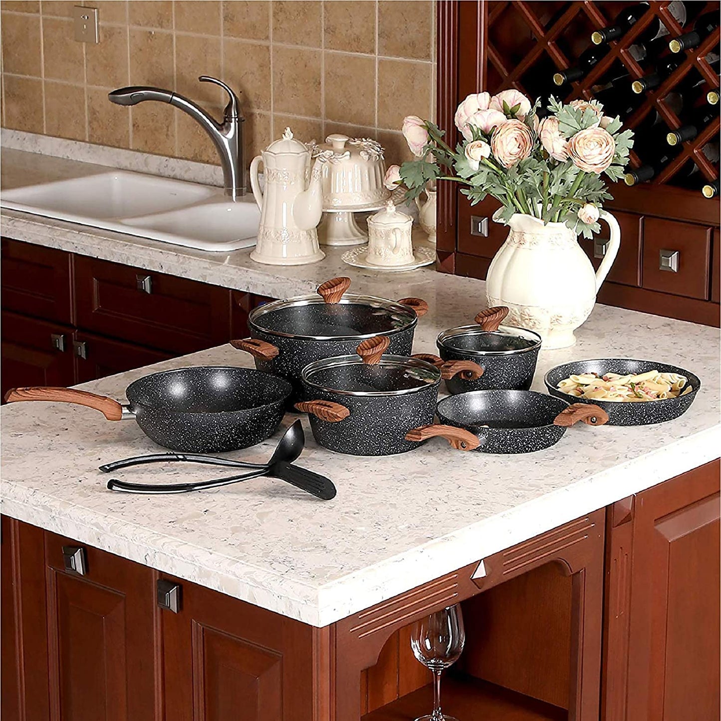 12 Pieces Nonstick Granite-Coated Cookware Set, Black - Bakelite Handle with Wood Effect (Soft Touch)