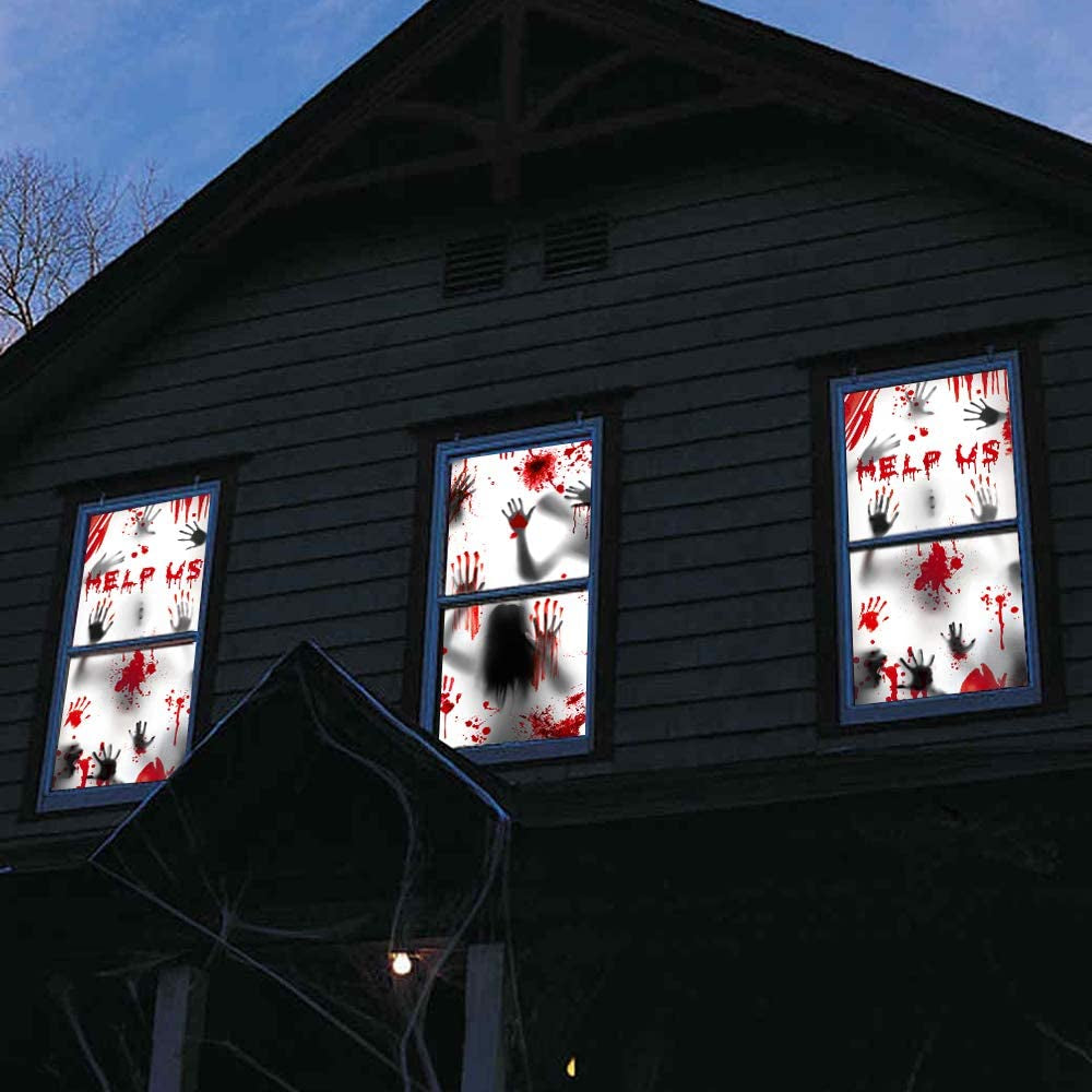 Halloween Window Decorations Zombie Posters - 3 Pcs Giant Bloody Handprints Zombie Silhouettes, Creepy Window Treatment Wall Decor Door Covers for Halloween Scary Haunted House Party Decorations