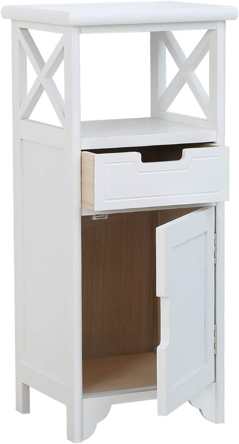 White End Table with Drawer and Shelf - Fully Assembled - Tall Bedside Cabinets/Bedside Table/Bathroom Cabinet/Side Cabinet/Floor Standing Storage Cabinet for Living Room, Bedroom, Hallway