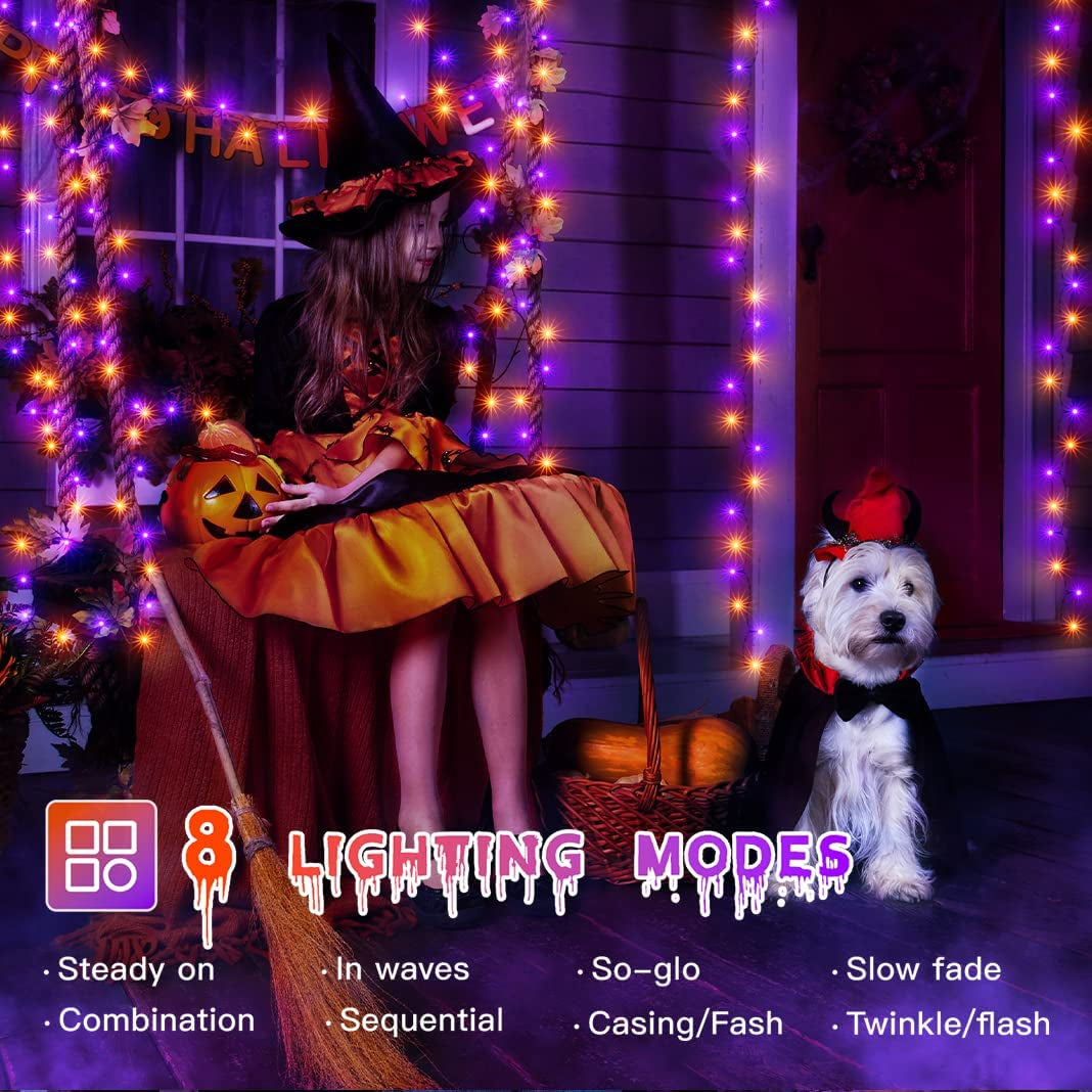 Ollny Halloween Decorations Lights Outdoor - 24M 240LED Orange Purple Christmas String Lights with 8 Modes/Timer - Waterproof Fairy Lights Plug in for Indoor Halloween Party/Garden/Tree/Window Decor