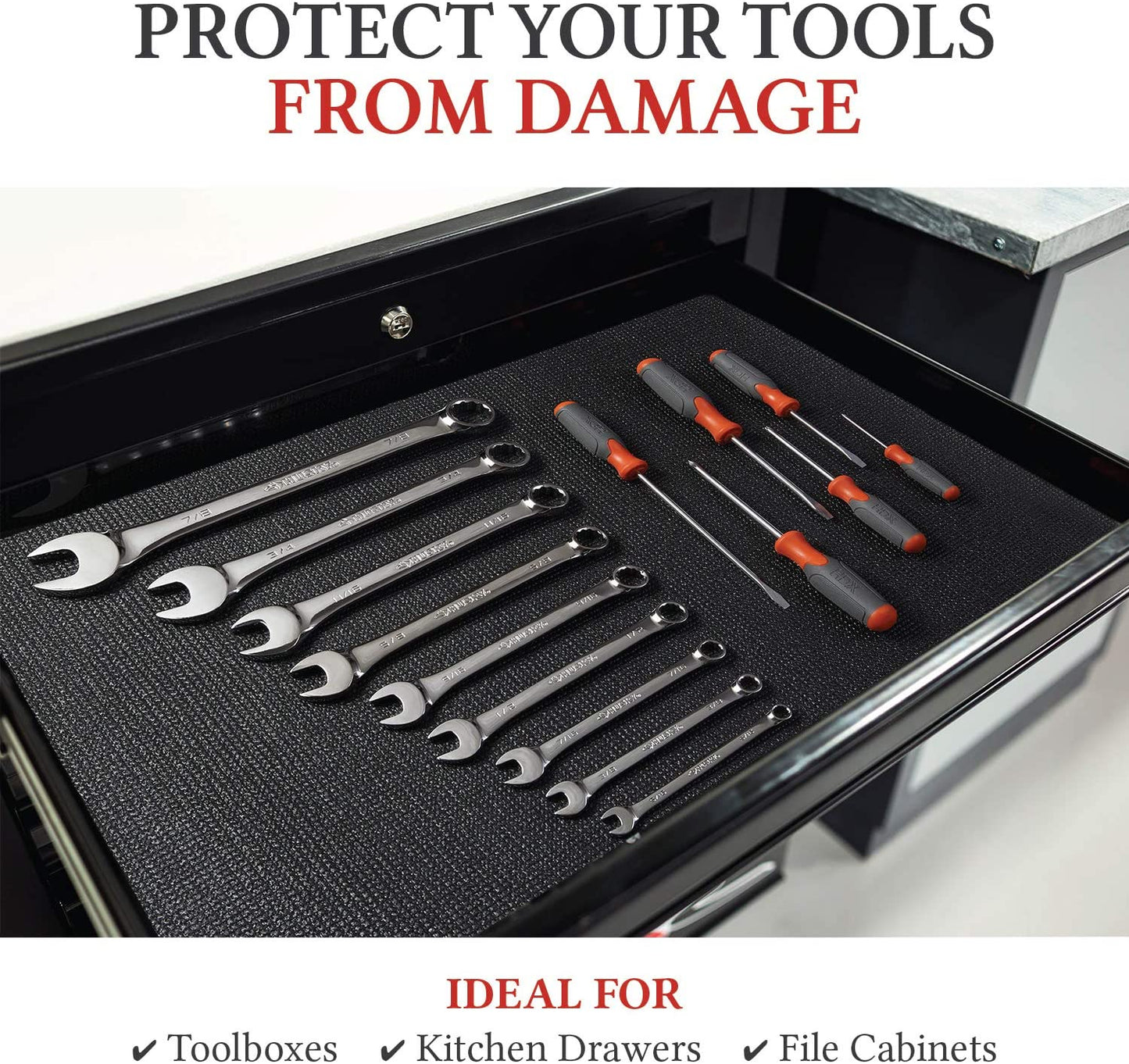 Tool Box Liner - Drawer Liner W/ Black anti Slip Toolbox Matting - Box Liners to Protect Your Tools - Easily Adjustable to Fit Any Size