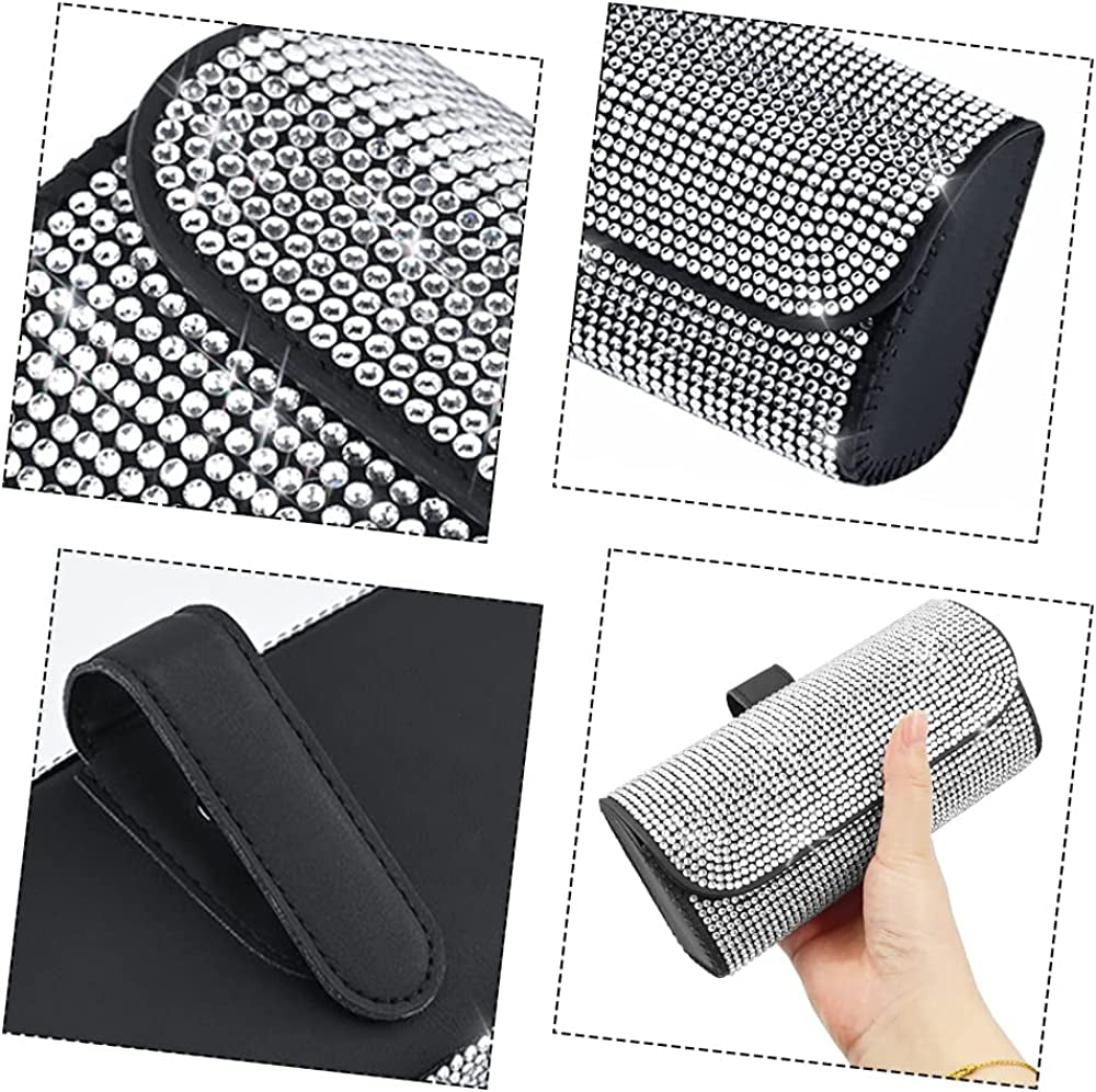 Bling Glasses Holder with Car Hooks, Car Glasses Case Crystal Sunglasses Holder for Car Sun Visor Sunglasses Storage Case Organizer