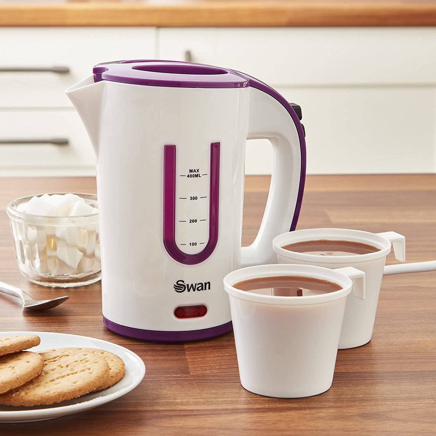SK27010N Dual Voltage Fast Boil Lightweight & Compact Travel Kettle with Two Tea Cups, Plastic, 1000 W, White/Purple