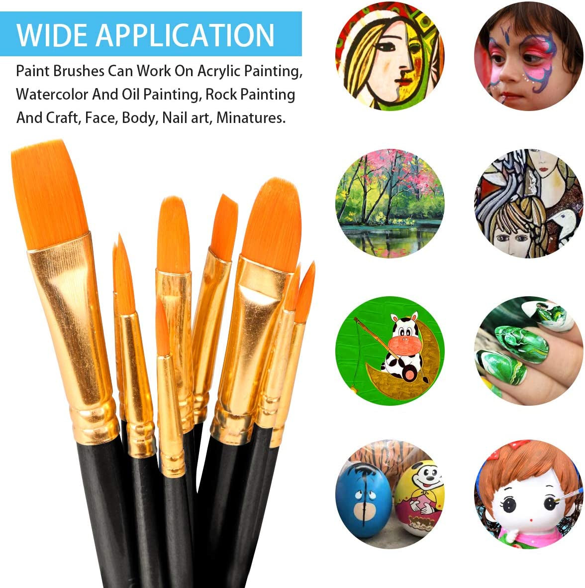 10Pcs Paint Brushes, Professional Painting Brushes Set Nylon Hair Artist Paint Brushes for Acrylic Oil Watercolor Gouache Face Painting