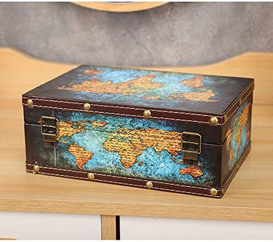 Vintage Wood Treasure Chest Keepsake Jewelry with Map Leather Surface |Treasure Box Kids Pirate Treasure Chest with Lock |Kids Storage Treasure Chest, Also for Teenagers and Adults 10.6"*8.6"*3.6"