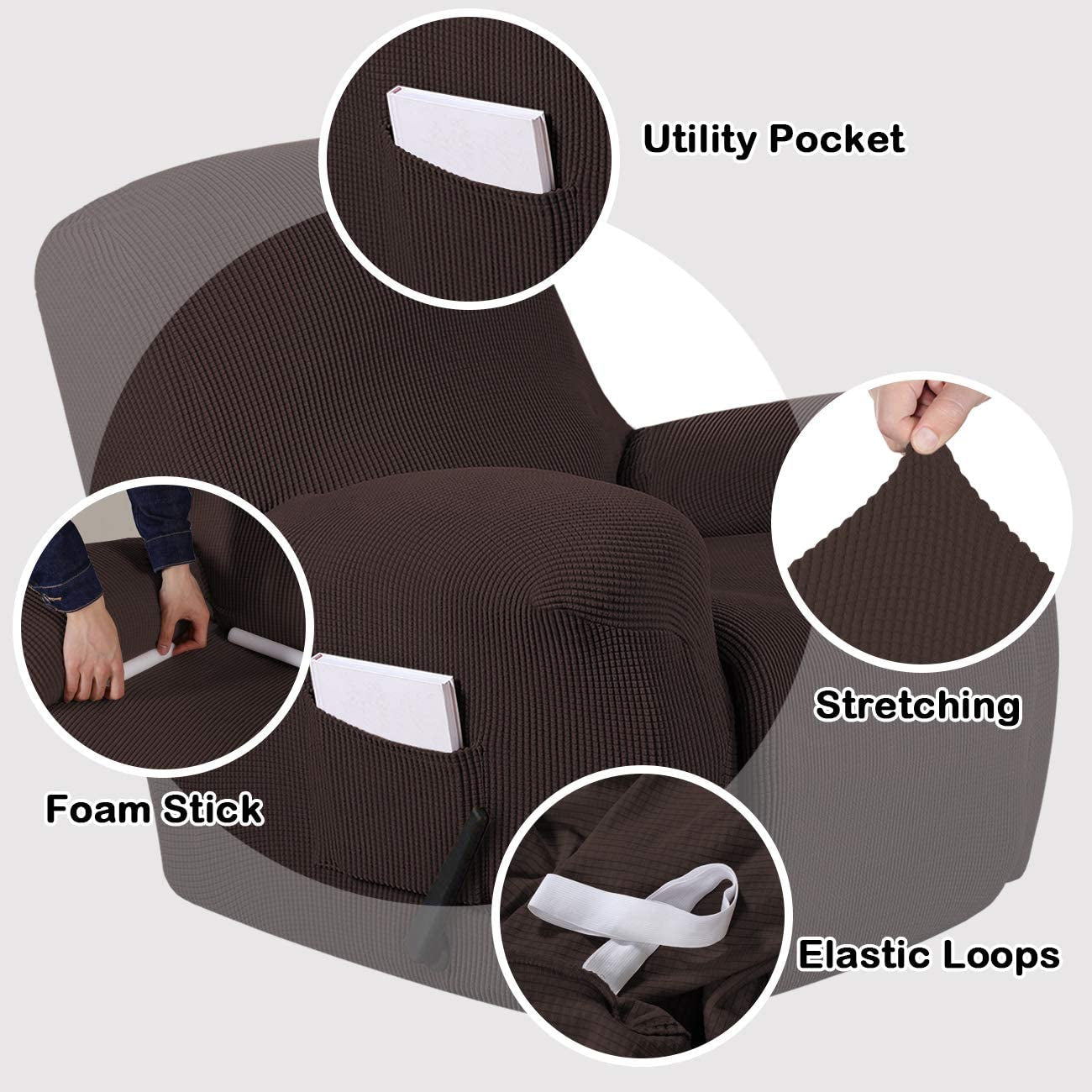Stretch Recliner Cover Recliner Chair Covers for Living Room Recliner Chair Slipcover with Side Pocket, Thick Soft Small Checked Jacquard, Fitted Standard/Oversized Recliner, Brown