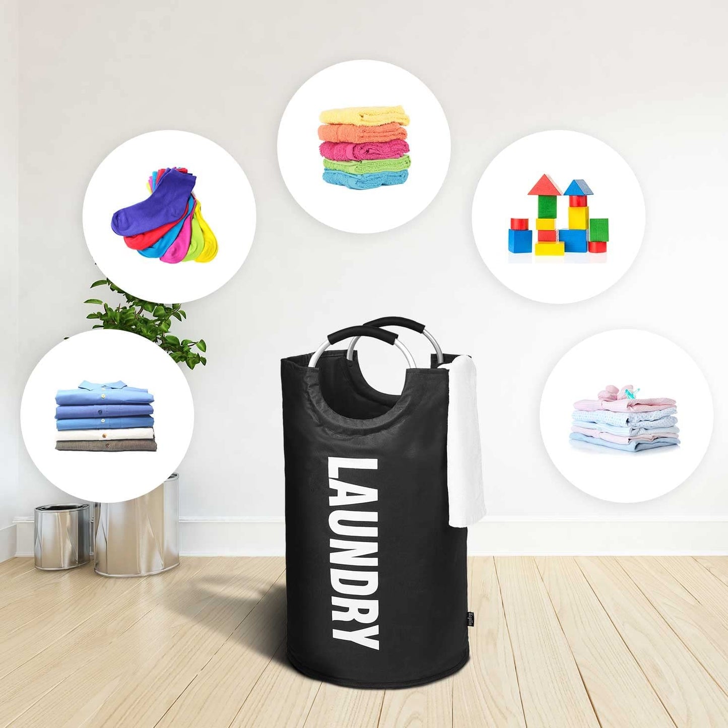 Collapsible Large Laundry Basket - Black, 82 L | Foldable Hamper Basket | Easy to Carry Washing Baskets for Laundry | Clothes Hamper for Kids Bedroom, Bathroom, Nursery, Utility Room