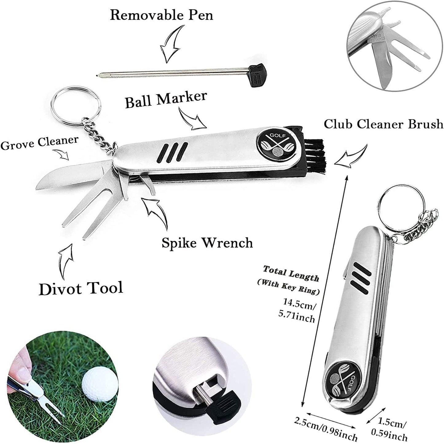 Golf Accessories, Multifunctional Golf Ball Marker, Golf Club Brush and Golf Towel Kit, Foldable Divot Repair Tool with Golf Marker, Golf Club Cleaner, 3-Piece Golf Gifts Set