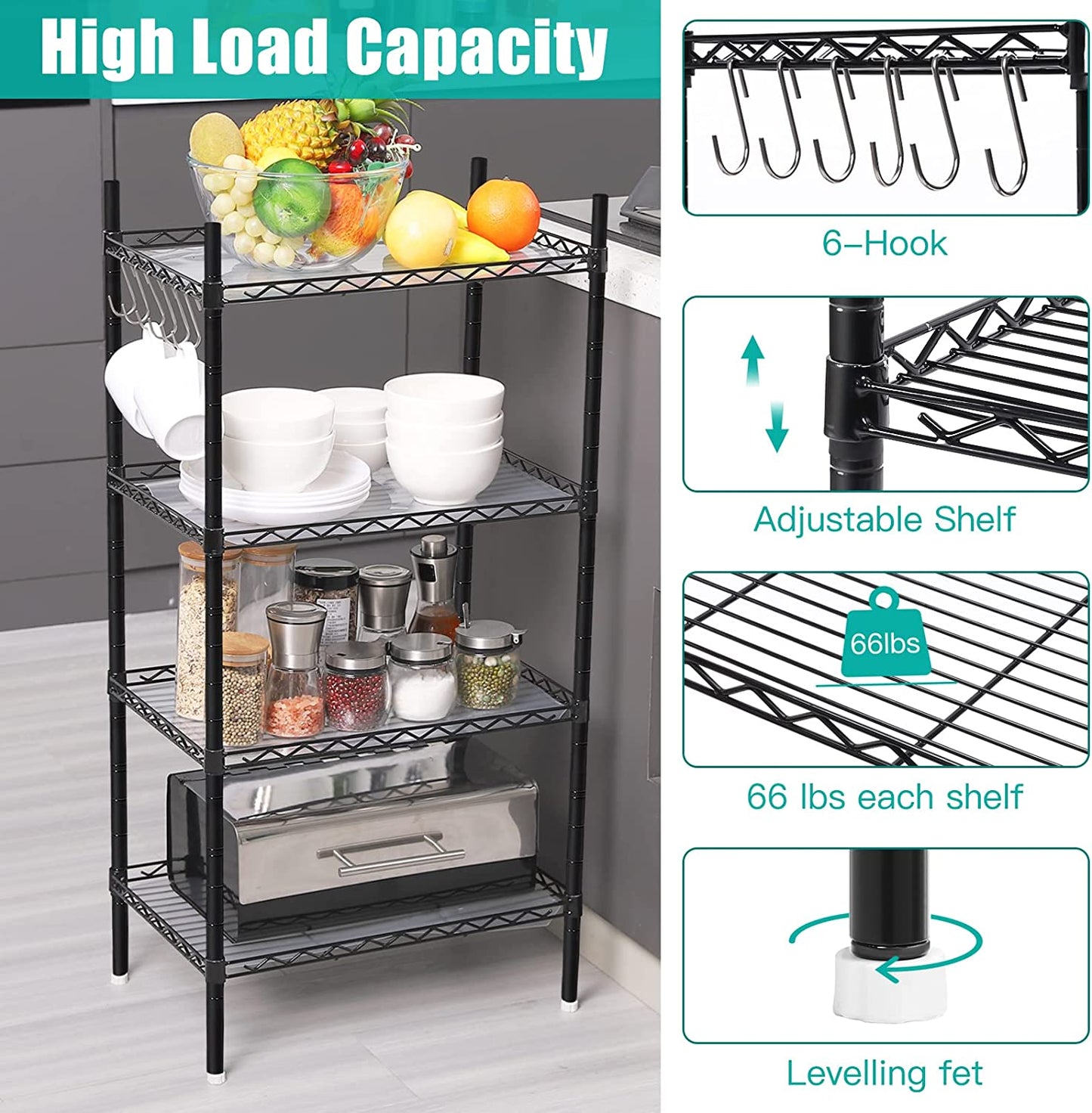 4 Tier Shelving Unit, Metal Shelving Unit Free Standing Small Storage Rack with 4 Hooks, Wire Organisation Racking Shelves for for Pantry Kitchen Livingroom Bathroom Office, 45*30*90 CM